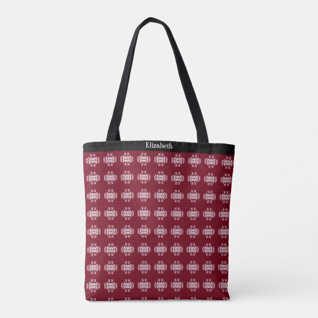 Modern abstract white pattern on burgundy tote bag (Back)