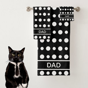 Modern Abstract White Polka Dots & Text on Black Bath Towel Set