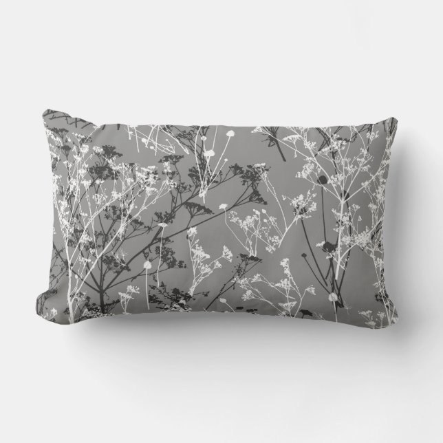 Modern Abstract Wildflowers Grey Black White Lumbar Cushion (Front)