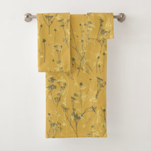 Modern Abstract Wildflowers Mustard Yellow Bath Towel Set