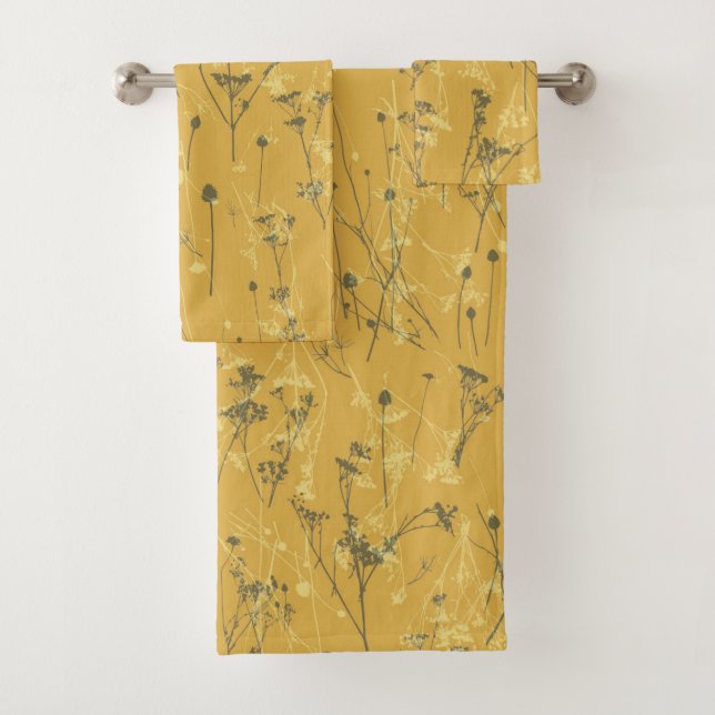 Modern Abstract Wildflowers Mustard Yellow Bath Towel Set (Insitu)