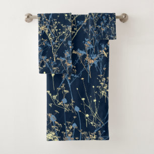 Modern Abstract Wildflowers on Dark Navy Blue Bath Towel Set