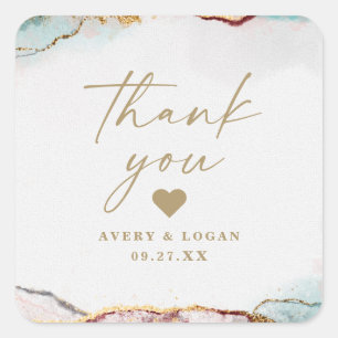 Modern Abstract Wine Red & Gold Wedding Thank You Square Sticker