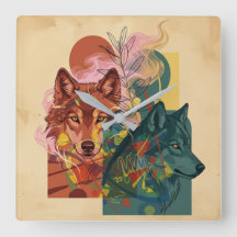 Modern Abstract Wolf & Nature Square Wall Clock