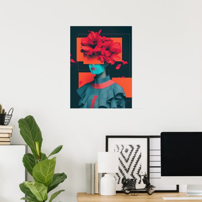 Modern abstract woman portrait with flowers poster (Home Office)