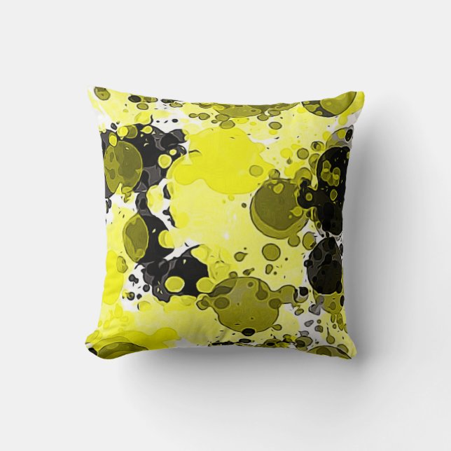 Modern Abstract Yellow and Black Paint Splatter Cushion (Front)