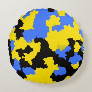 Modern Abstract Yellow Blue Black Pattern Design Round Cushion