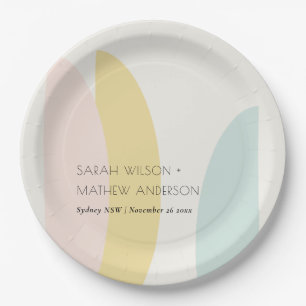 Modern Abstract Yellow Blush Aqua Blue Wedding  Paper Plate