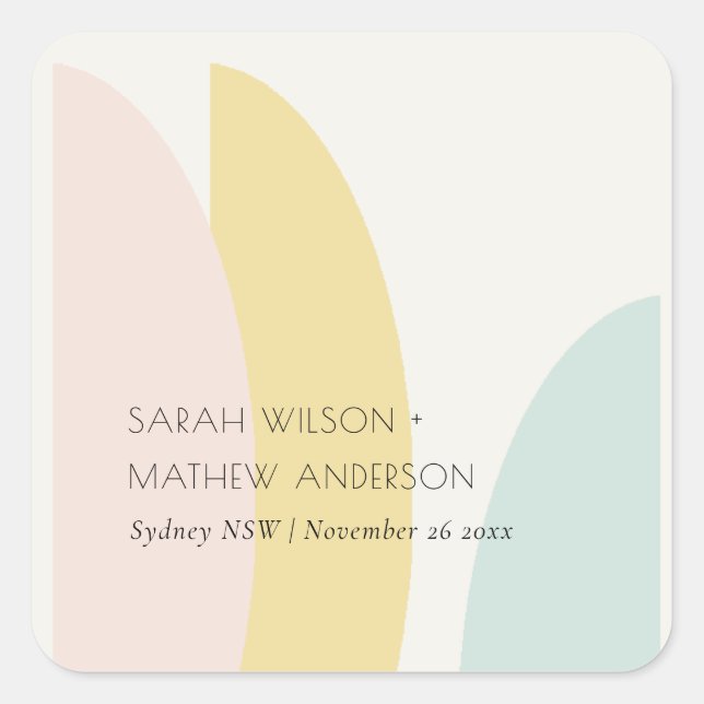 Modern Abstract Yellow Blush Aqua Blue Wedding Square Sticker (Front)
