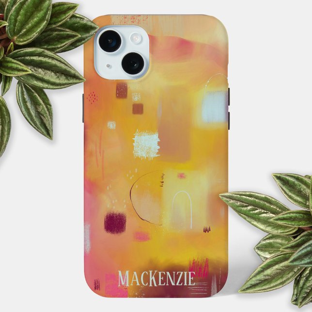 Modern Abstract Yellow Personalised Case-Mate iPhone Case (Yellow abstract art personalized name cell phone case)