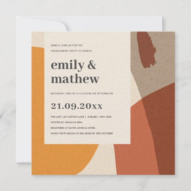 MODERN ABSTRACT YELLOW TERRACOTTA ART ENGAGEMENT INVITATION (Front)