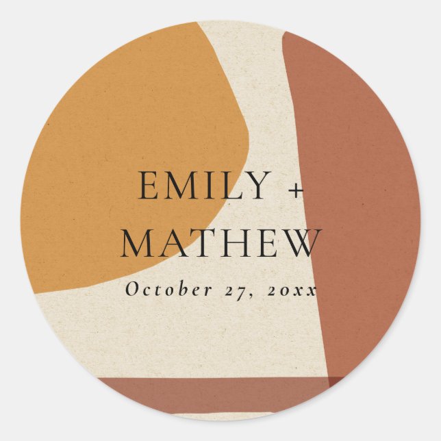 MODERN ABSTRACT YELLOW TERRACOTTA ARTISTIC WEDDING CLASSIC ROUND STICKER (Front)