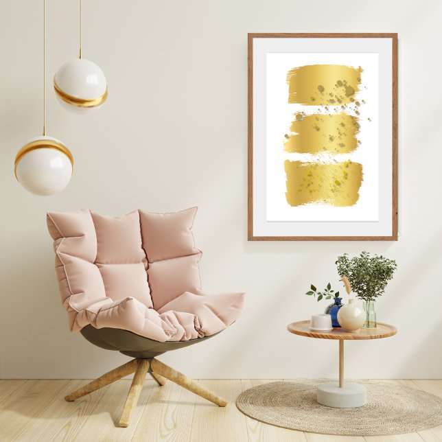 Modern Accent Wall Abstract Art Gold Brush Strokes Poster (Modern Minimalist Gold And White Paint Brush Stroke Abstract Wall Art Poster Print)
