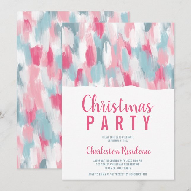 Modern acrylic brushstrokes pink blue Christmas Invitation (Front/Back)