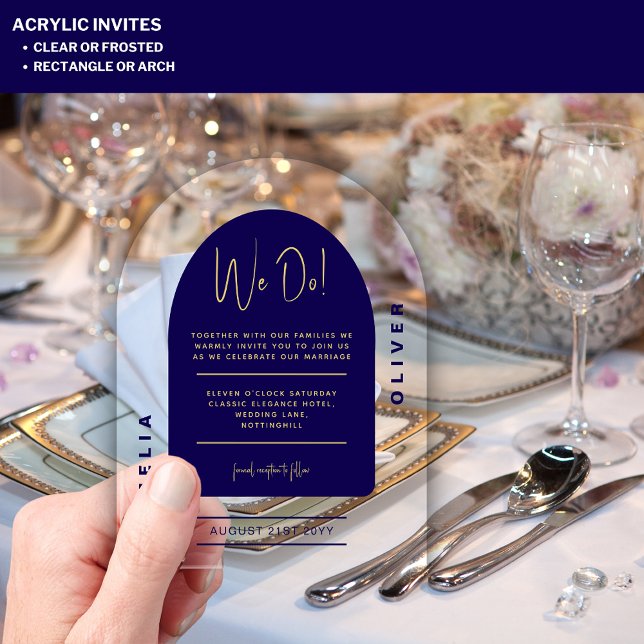 Modern Acrylic Navy Blue Gold Minimalist Wedding Acrylic Invitations (Creator Uploaded)