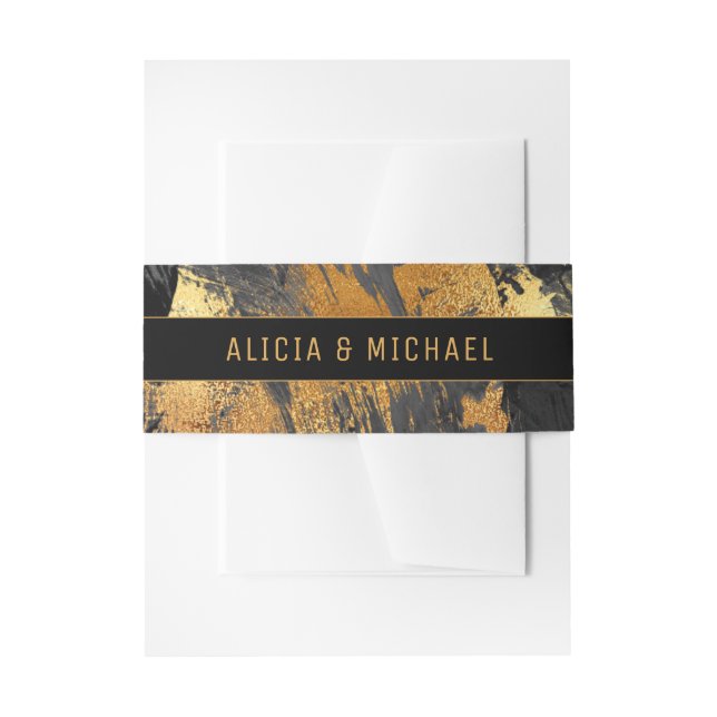 Modern acrylic painting black gold wedding invitation belly band (Front Example)