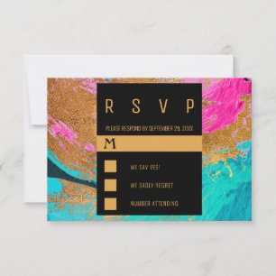 Modern acrylic painting colourful gold wedding RSVP card