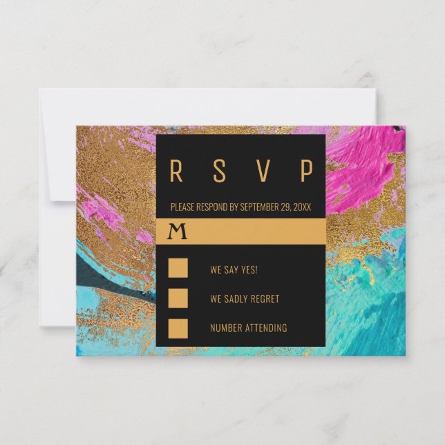 Modern acrylic painting colourful gold wedding RSVP card (Front)