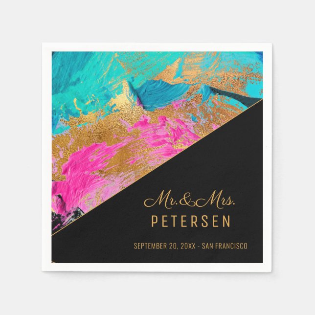 Modern acrylic painting gold wedding Mr & Mrs Napkin (Front)