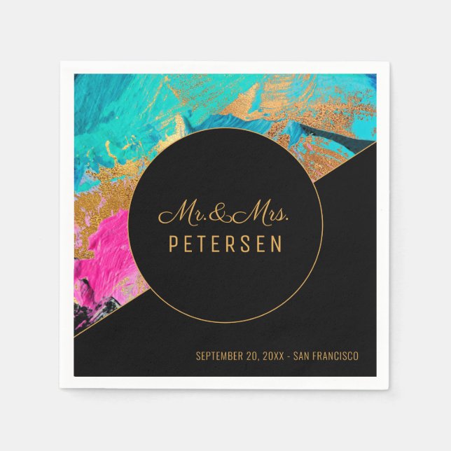 Modern acrylic painting gold wedding Mr & Mrs Napkin (Front)