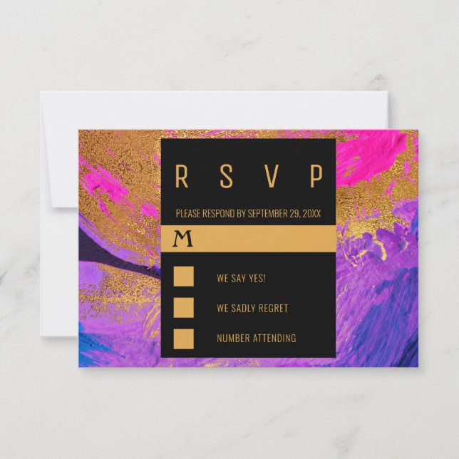 Modern acrylic painting purple pink gold wedding RSVP card (Front)