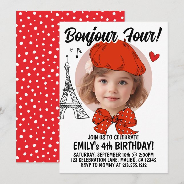 Modern Add Photo | Kids Birthday French Bonjour Invitation (Front/Back)