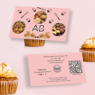 Modern Add Photos Trendy Monogram Cute Pink Bakery Business Card