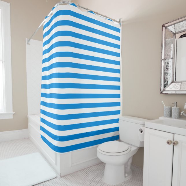 Modern Add Text Name Template Blue White Striped Shower Curtain (In Situ)