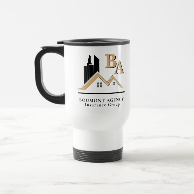 Modern Add Your Own Logo Professional Black Gold Travel Mug (Left)