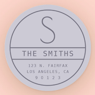 Modern Address & Monogram Hazy Purple Lavender Classic Round Sticker