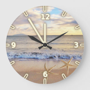 Modern Adorable   Beach Sunset,Sea stars Large Clock