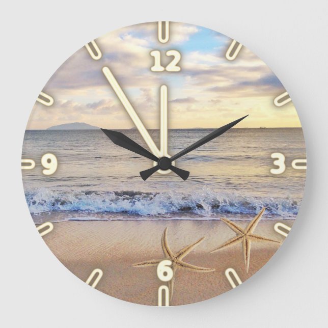 Modern Adorable   Beach Sunset,Sea stars Large Clock (Front)