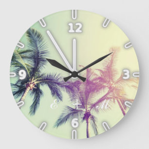 Modern Adorable Tropical Beach, Palms -Monogram Large Clock