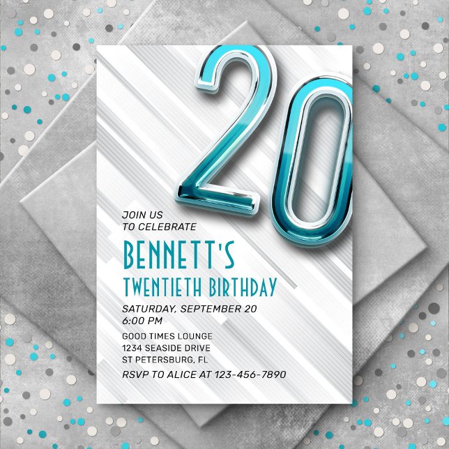 Modern Adult Teal 20th Birthday Invitation (Creator Uploaded)