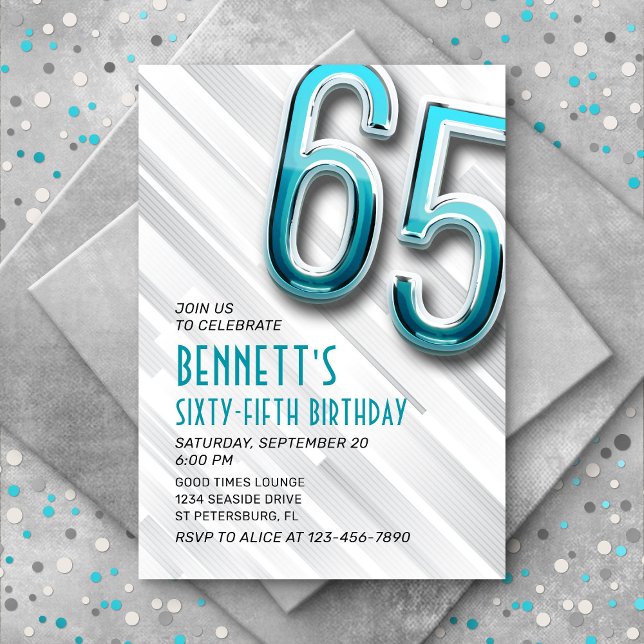 Modern Adult Teal 65th Birthday Invitation (Creator Uploaded)