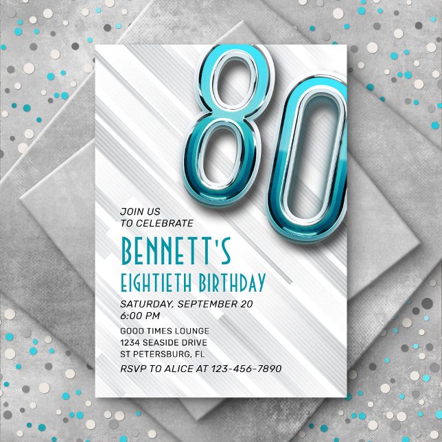 Modern Adult Teal 80th Birthday Invitation (Creator Uploaded)