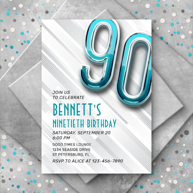 Modern Adult Teal 90th Birthday Invitation (Creator Uploaded)