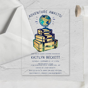 Modern Adventure Travel Globe Baby Shower Acrylic Invitations