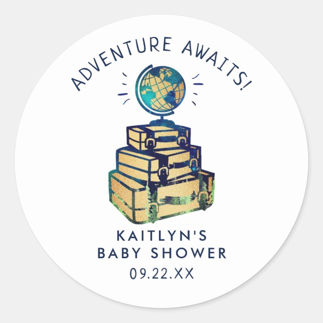 Modern Adventure Travel Globe Baby Shower Classic Round Sticker (Front)