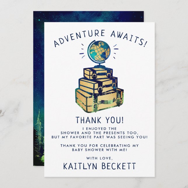 Modern Adventure Travel Globe Baby Shower Thank You Card (Front/Back)