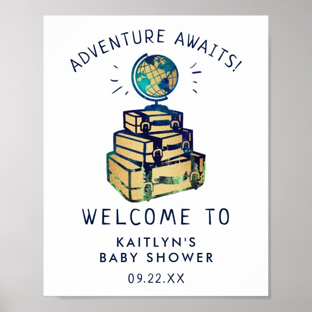 Modern Adventure Travel Globe Baby Shower Welcome Poster (Front)