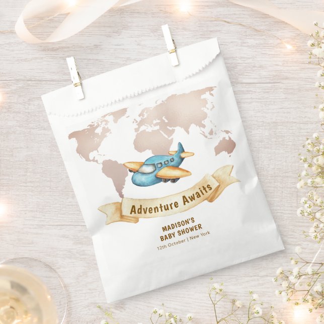 Modern Adventure World Map Airplane Baby Shower  Favour Bags (Clipped)