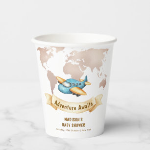 Modern Adventure World Map Airplane Baby Shower Paper Cups