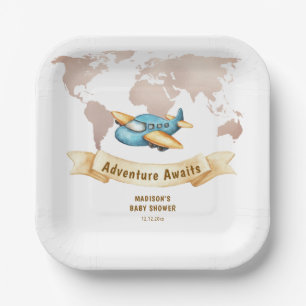 Modern Adventure World Map Airplane Baby Shower Paper Plate