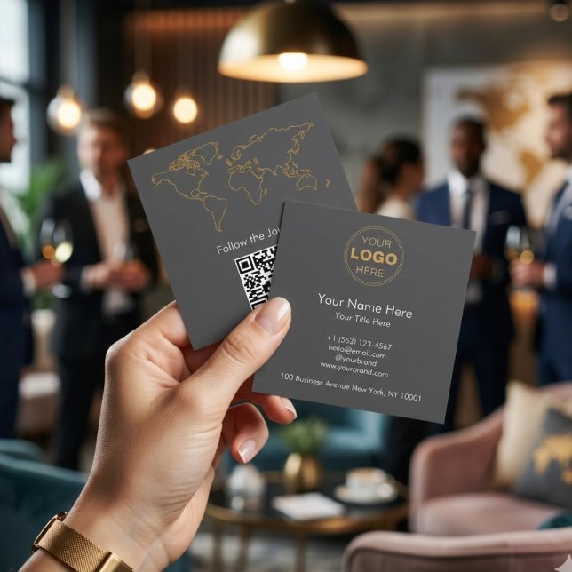 Modern Adventure World Map QR Digital Nomad Square Business Card (Convert Leads Instantly with QR Code Adventure Business Cards – Travel & Lifestyle)