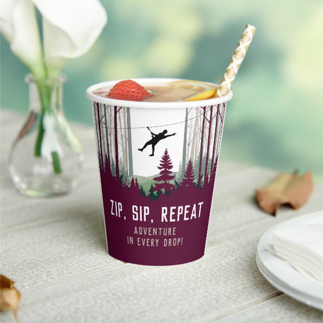 Modern Adventure Zipline Burgundy Nature Fun Party Paper Cups (Insitu)