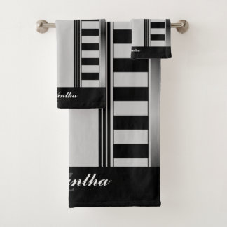Modern Aesthetic Black Stripes Geometric Monogram Bath Towel Set