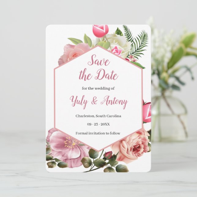 Modern Aesthetic Botanical Pink Hexagon  Save The Date (Standing Front)