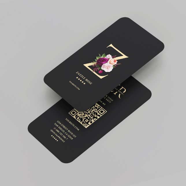 Modern Aesthetic Monogram Z Floral Black Gold Business Card (Modern Elegant Monogram Z Floral Black Gold Business Card
)