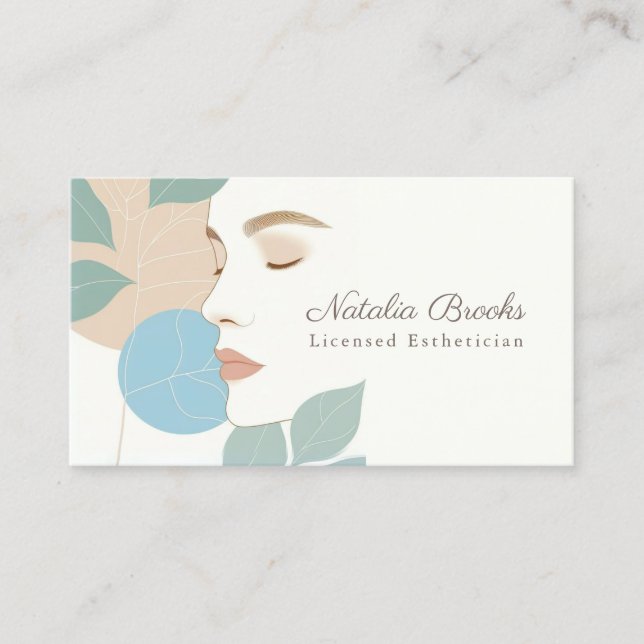 Modern Aesthetician Botanical Face Business Card (Front)